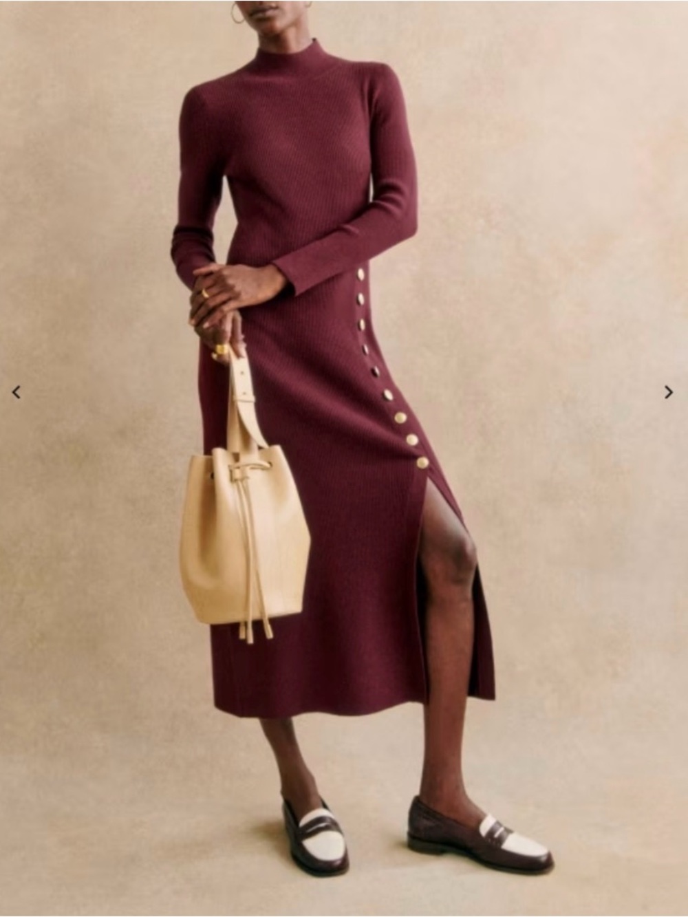 Sézane Harper Long Sleeve Ribbed Wool Blend Dress in Burgundy size L